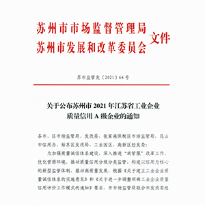 Herzlichen Glückwunsch an YACOO für die Auszeichnung mit dem „Quality Credit A Grade Enterprise of Jiangsu Industrial Enterprise“
